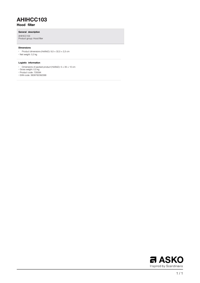 Page 1 de la notice Manuel utilisateur Asko AHIHCC103