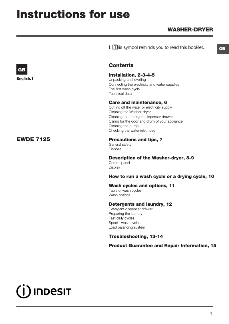 Page n°1 - Mode d'emploi Indesit EWDE 7125 S UK