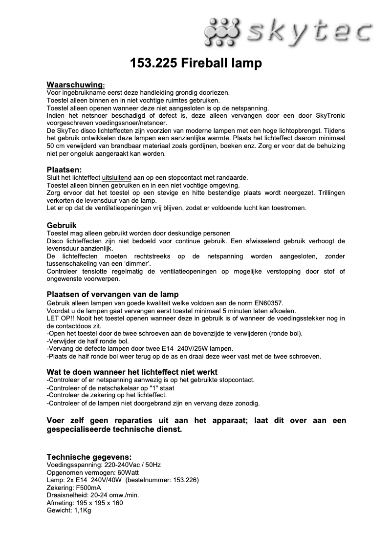 Page 1 de la notice Manuel utilisateur Skytec Fireball lamp