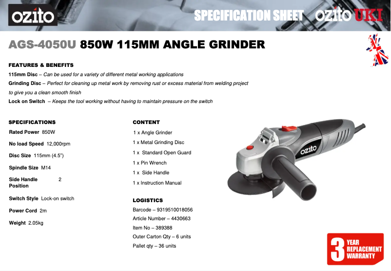 Page 1 de la notice Fiche technique Ozito AGS-4050U