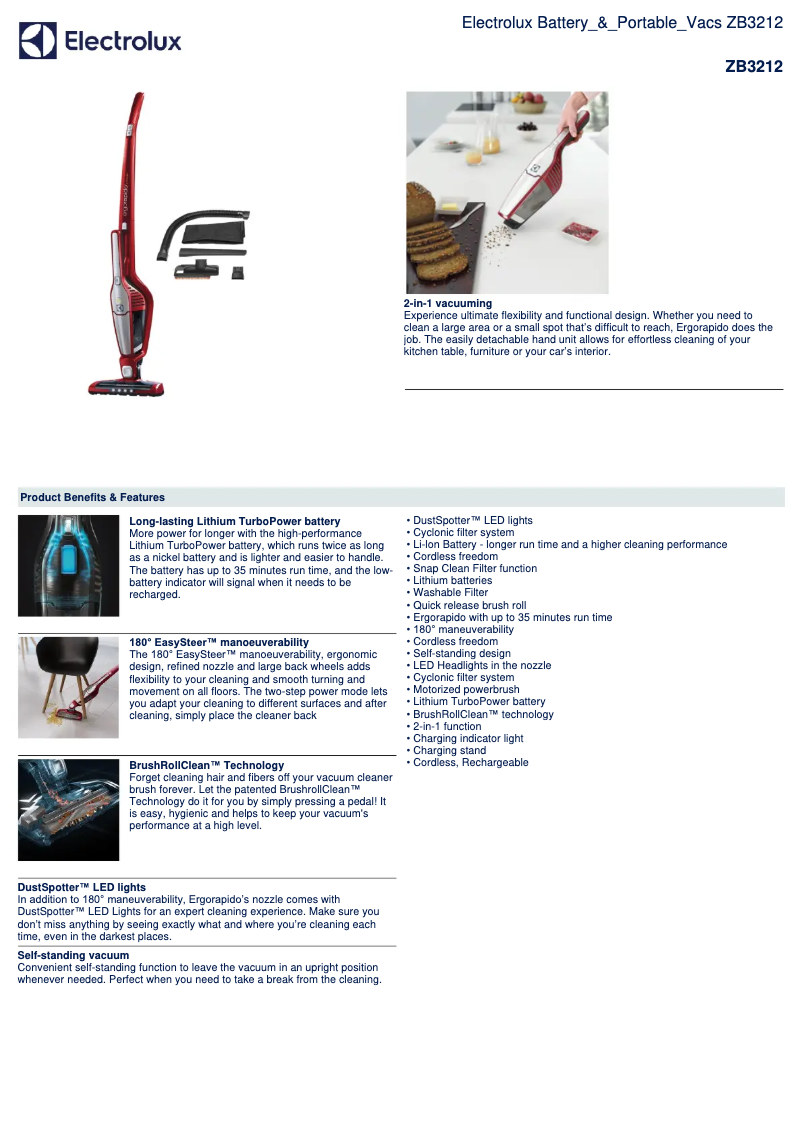 Página 1 del manual Ficha técnica Electrolux ZB3212