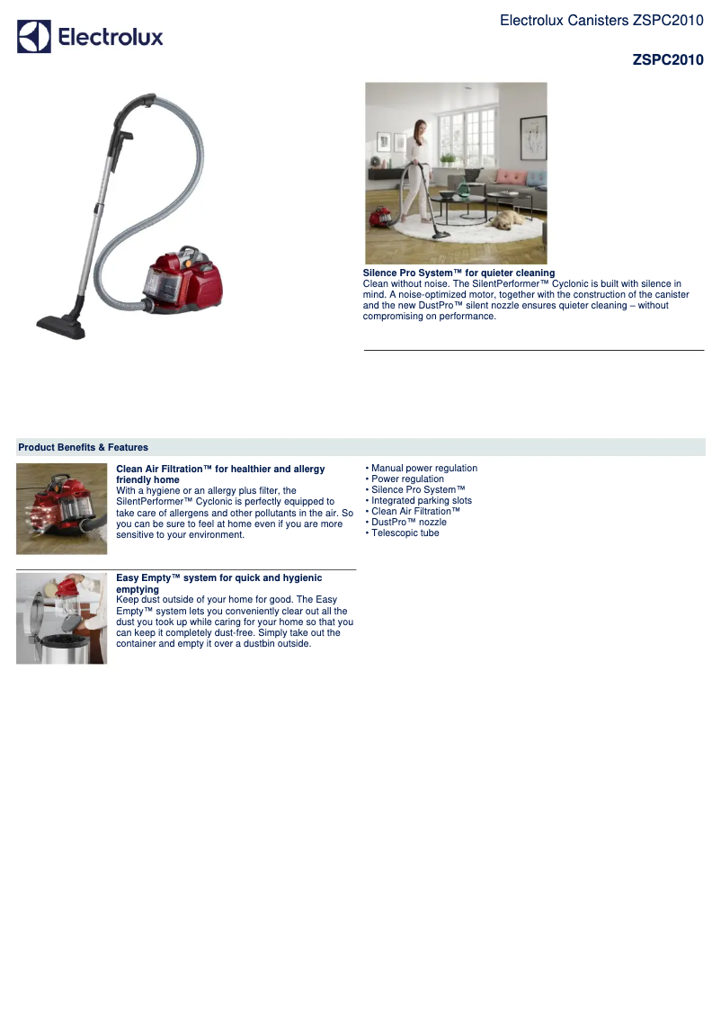 Página 1 del manual Ficha técnica Electrolux ZSPC2010