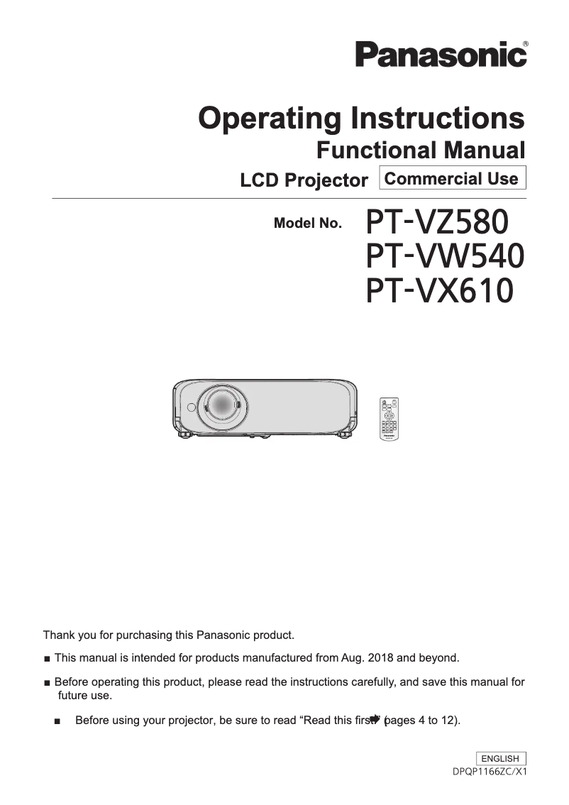 Page 1 of the manual User Manual Panasonic PT-VZ580U
