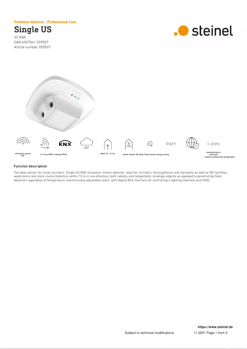Page 1 de la notice Fiche technique Steinel Single US