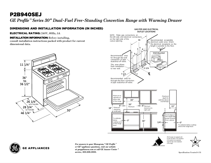 Página 1 del manual Ficha técnica GE Profile P2B940SEJSS