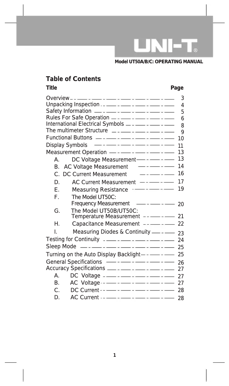 Page 1 de la notice Manuel utilisateur Uni-T UT50B