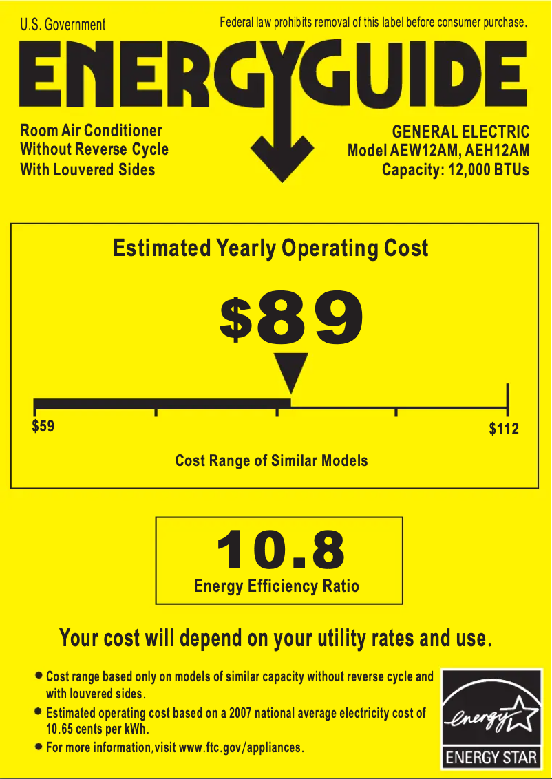 Page 1 de la notice Label énergétique GE AEW12AM
