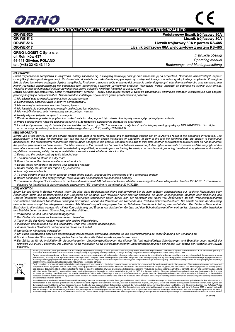 Page 1 de la notice Manuel utilisateur ORNO OR-WE-516