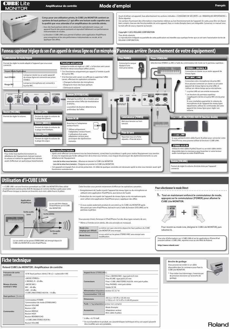 Page 1 de la notice Manuel utilisateur Roland Cube Lite Monitor