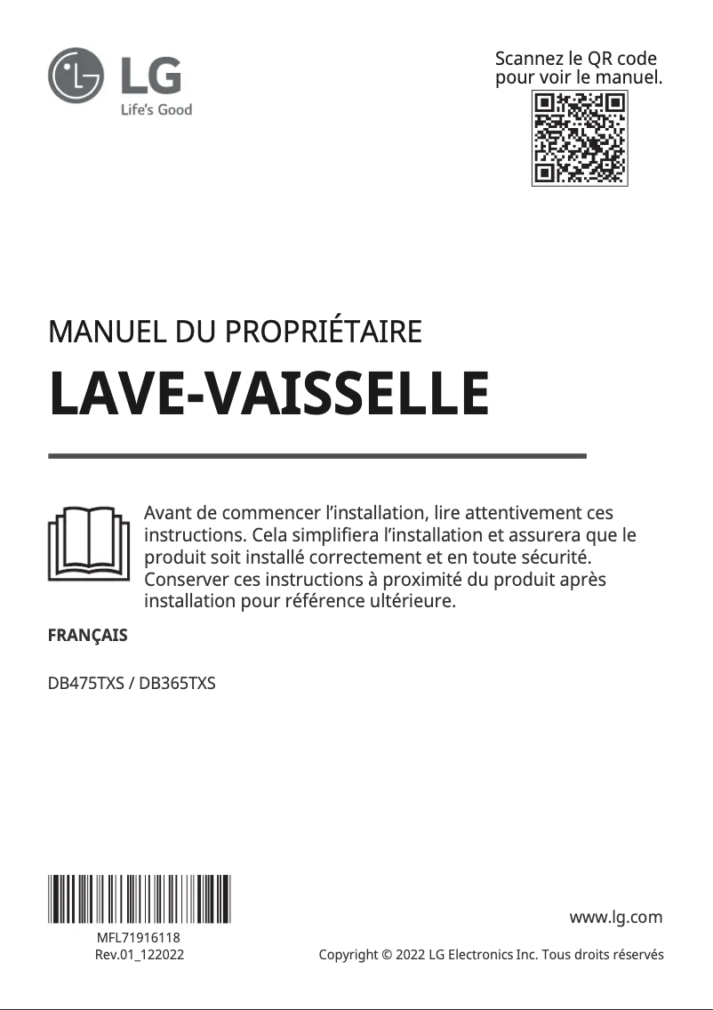 Page 1 de la notice Manuel utilisateur LG DB475TXS