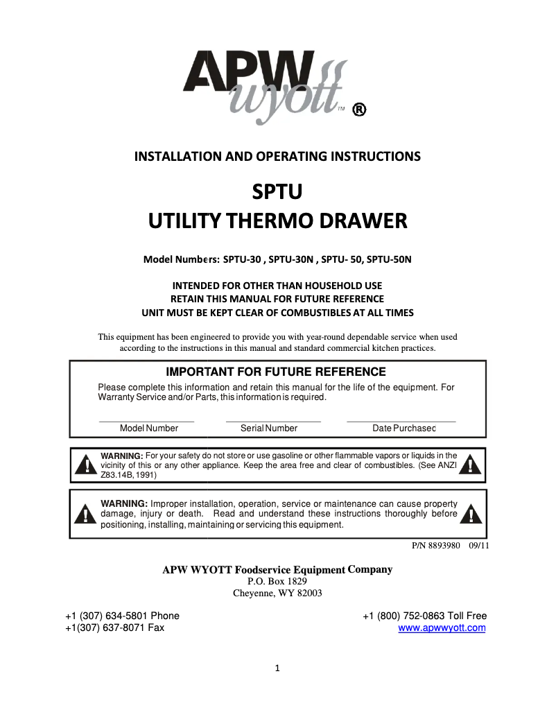 Page 1 de la notice Manuel utilisateur APW Wyott SPTU-50