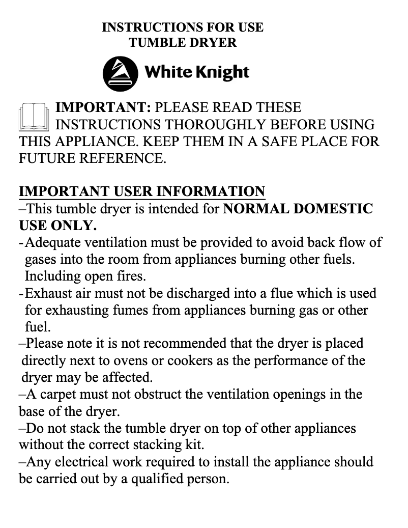 Page 1 de la notice Manuel utilisateur White Knight C44A7WL
