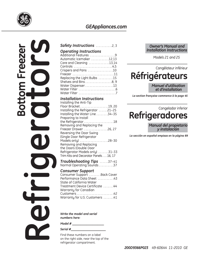 Page 1 of the manual User Manual GE PFCF1RKZ