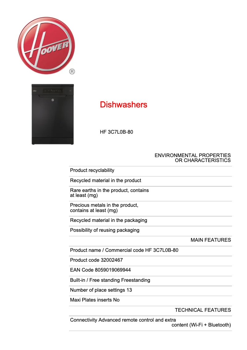 Page 1 de la notice Fiche technique Hoover HF 4C7L0W-80