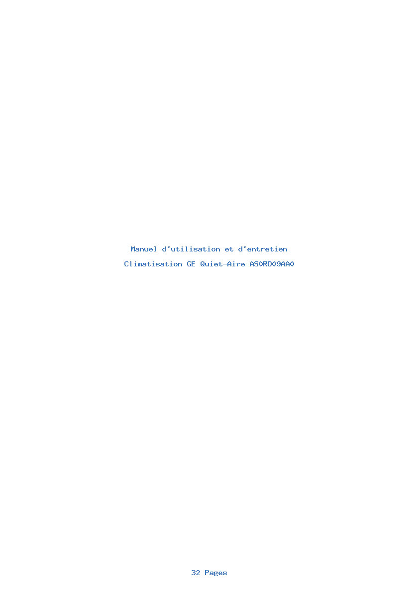 Page 1 de la notice Manuel d'utilisation et d'entretien GE Quiet-Aire AS0RD09AA0