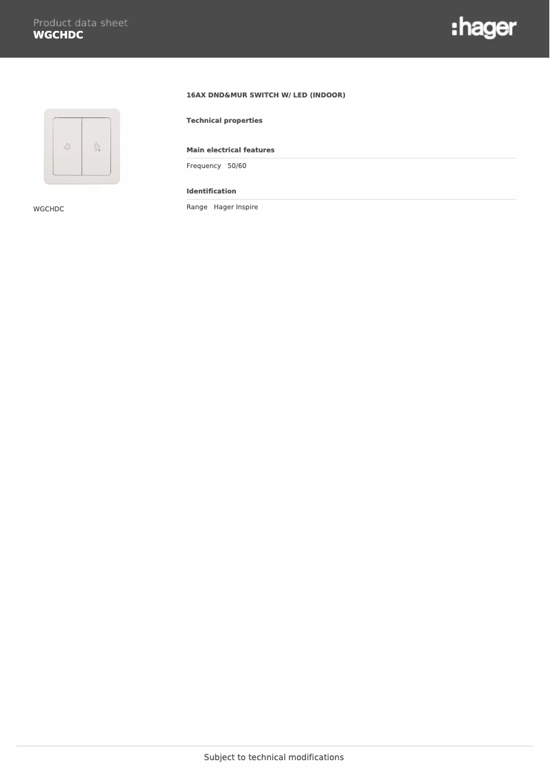 Page 1 de la notice Fiche technique Hager WGCHDC