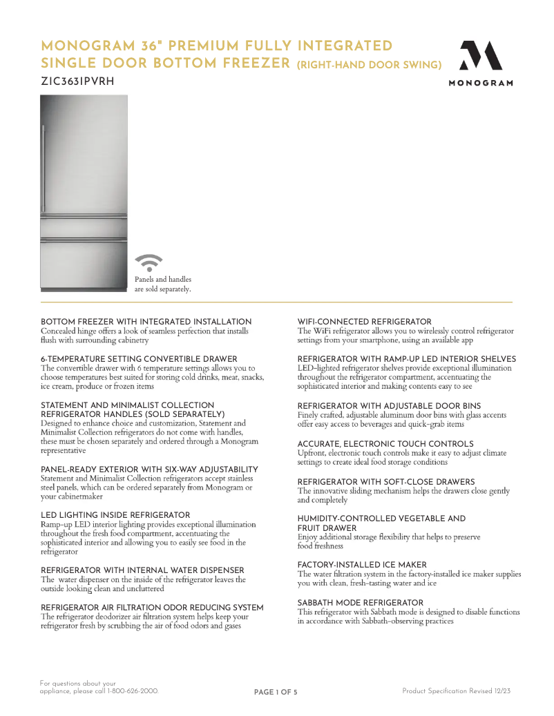 Page 1 de la notice Fiche technique Monogram ZIC363IPVRH