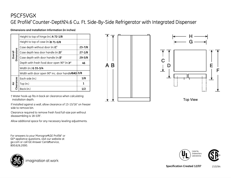 Page 1 of the manual Technical Sheet GE Profile PSCF5VGXBB