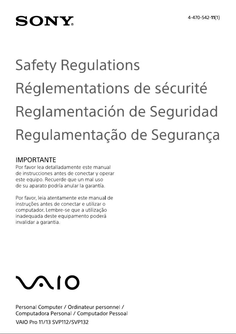 Page 1 de la notice Instructions de sécurité Sony Vaio SVP1321DCXS