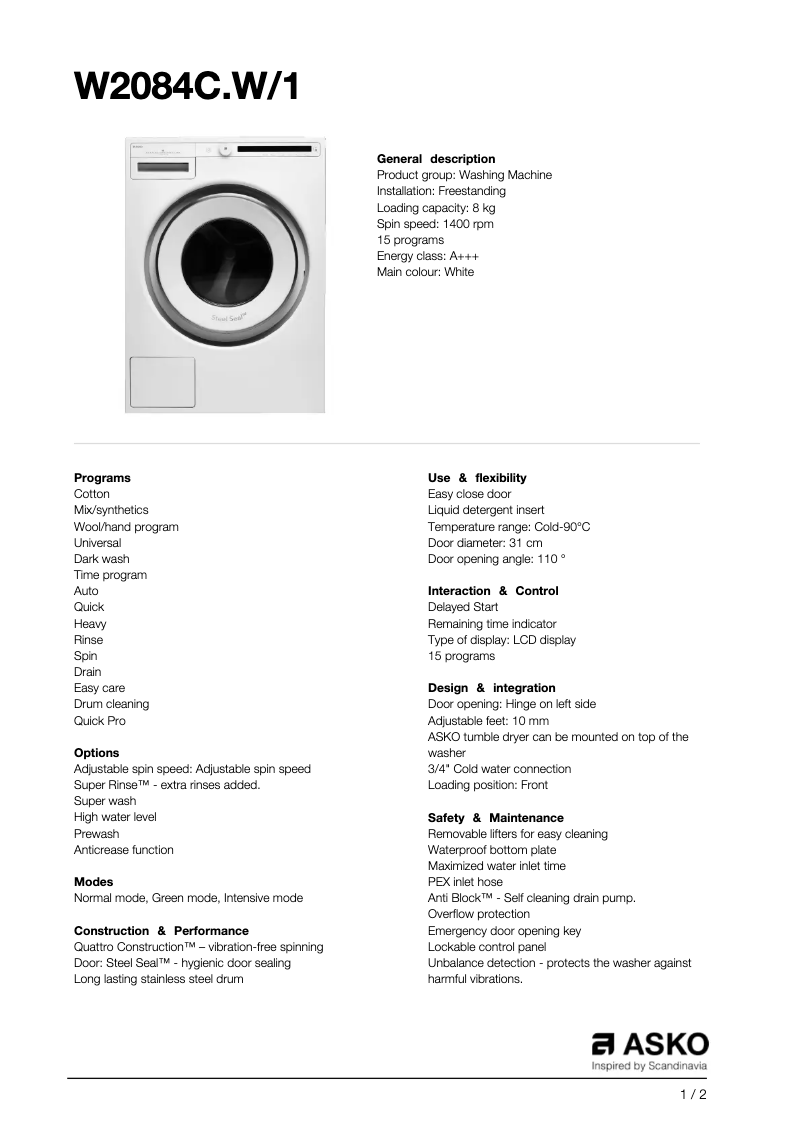 Page 1 of the manual Technical Sheet Asko W2084C