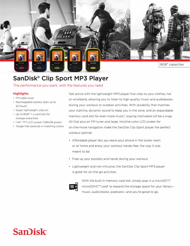 Page 1 de la notice Fiche technique Sandisk Clip Sport