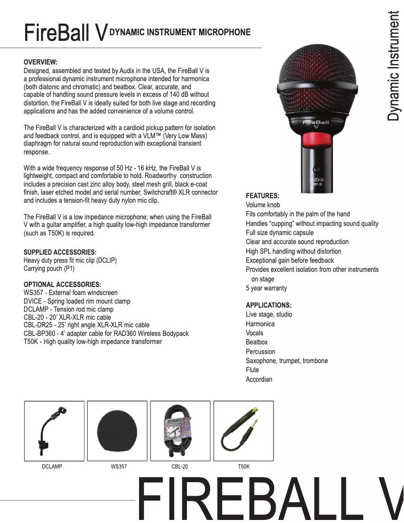 Page 1 de la notice Manuel utilisateur Audix Fireball-V