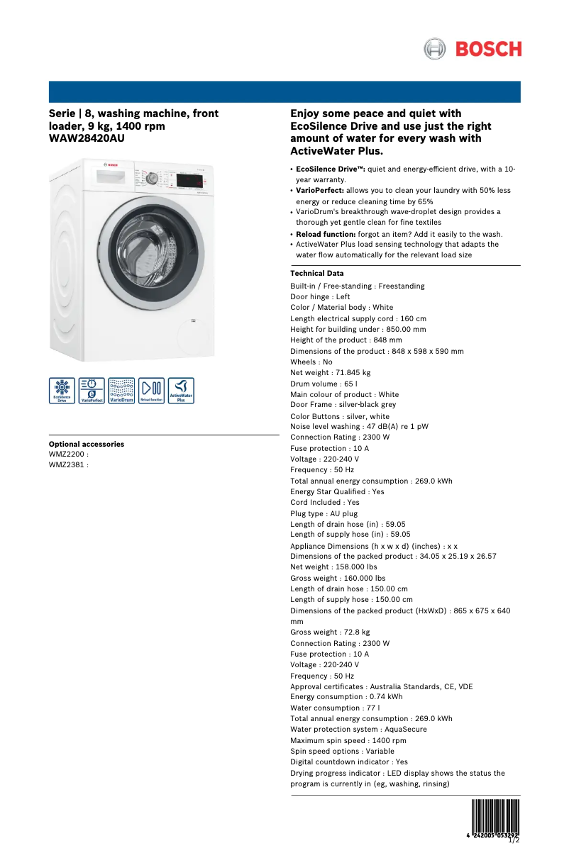 Página 1 del manual Ficha técnica Bosch WAW28420AU