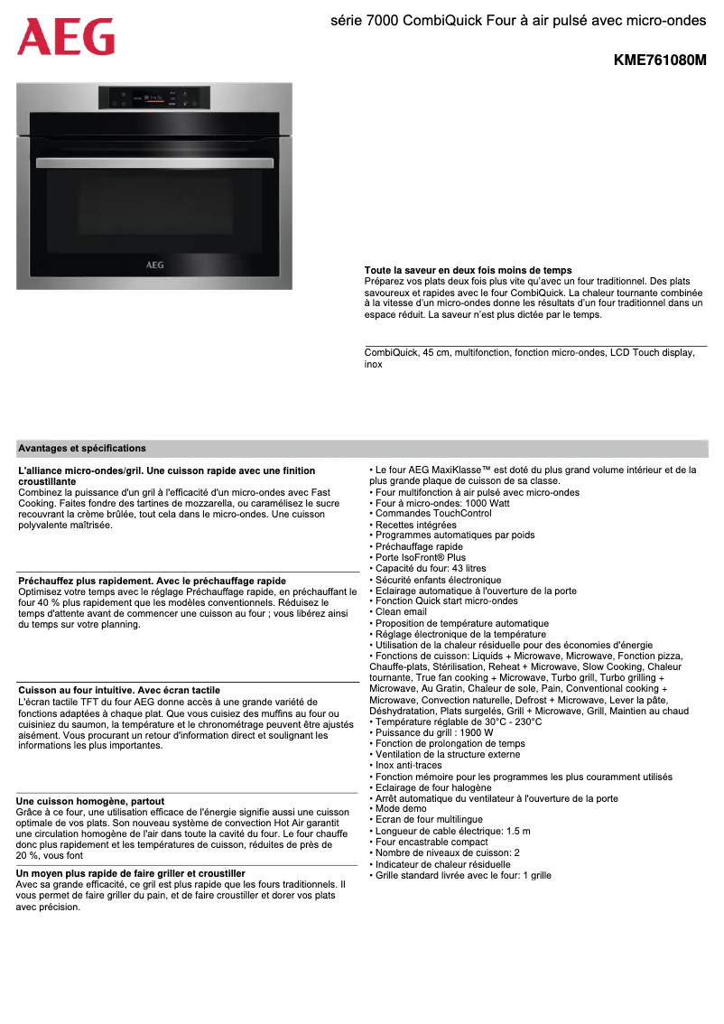 Página 1 del manual Ficha técnica AEG KME761080M