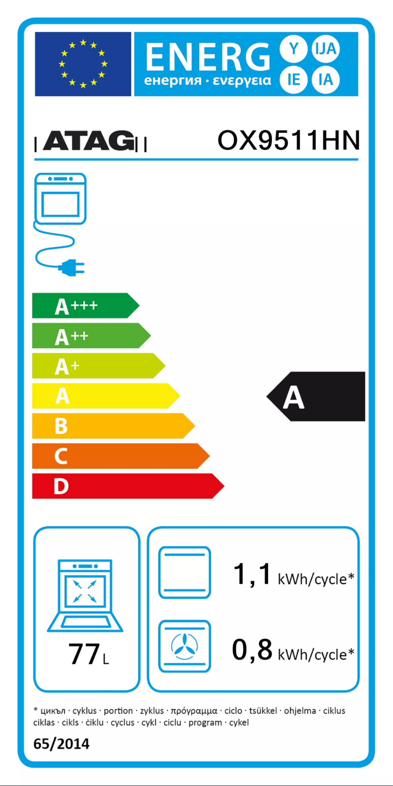 Page 1 de la notice Label énergétique Atag OX9511HN