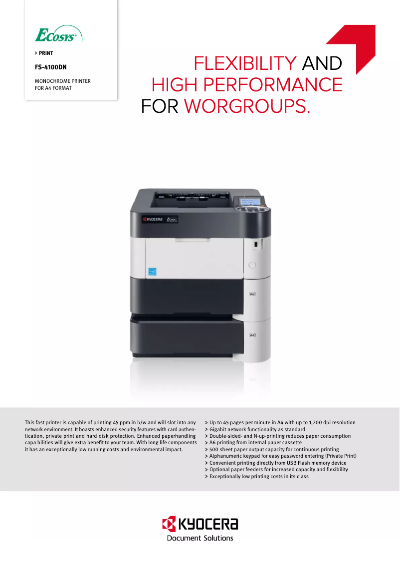 Page 1 de la notice Fiche technique Kyocera FS-4100DN