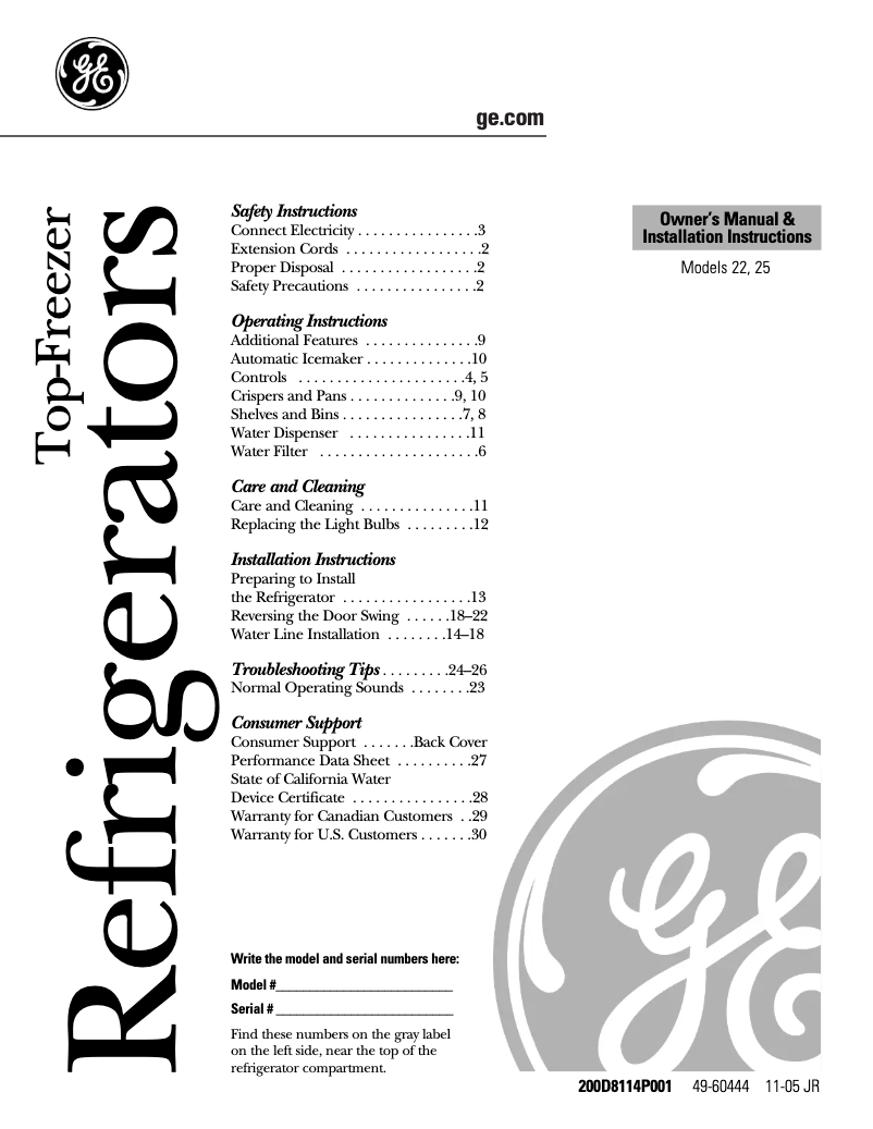 Page n°1 - Guide d'installation GE GTS22WCPWW