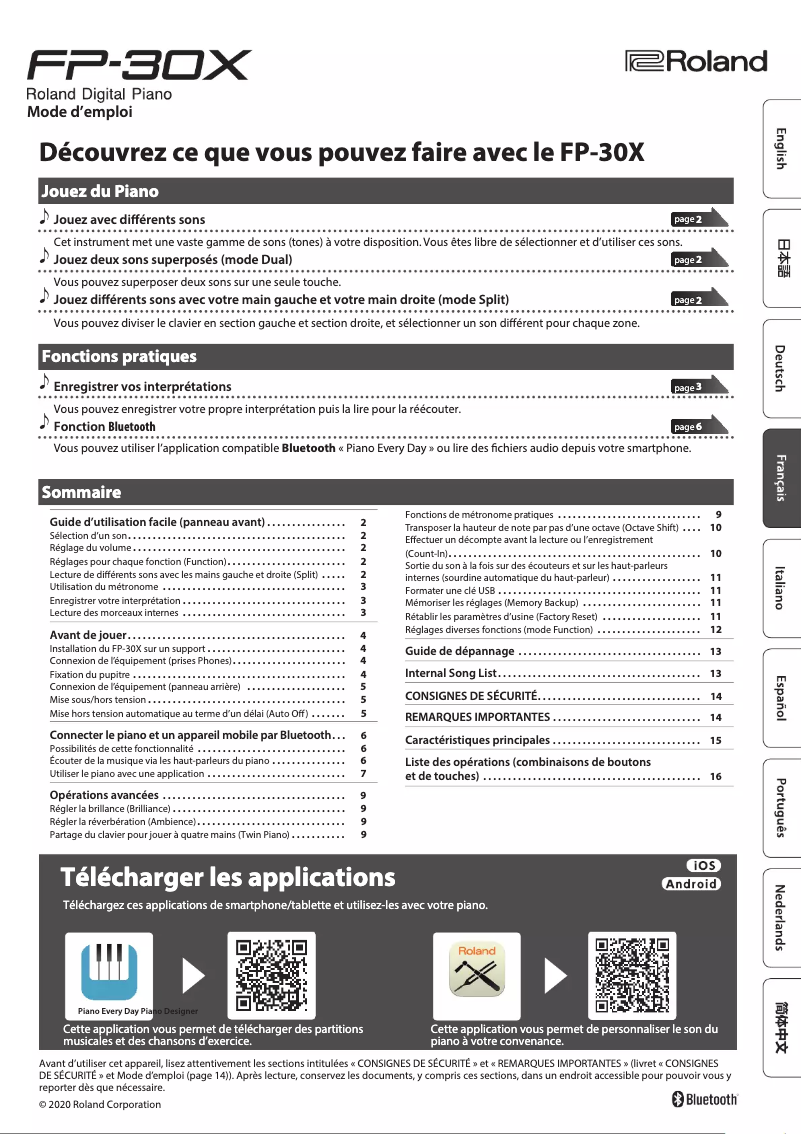 Page 1 de la notice Manuel utilisateur Roland FP-30X