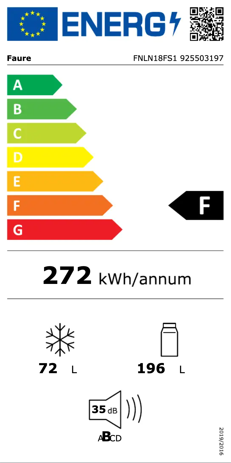 Page 1 of the manual Energy Label Faure FNLN18FS1