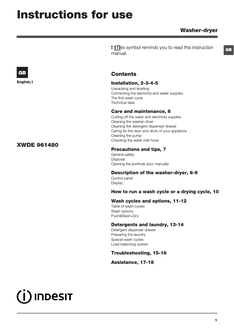 Page n°1 - Manuel utilisateur Indesit XWDE 961480X W