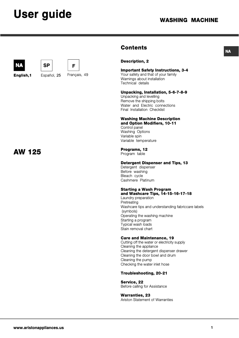 Página 1 del manual Manual de usuario Ariston Thermo AW 125