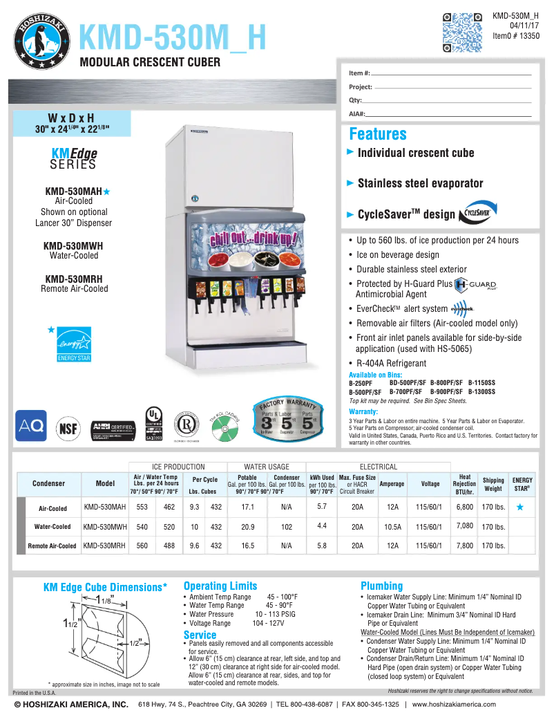 Page 1 de la notice Fiche technique Hoshizaki KMD-530MRH