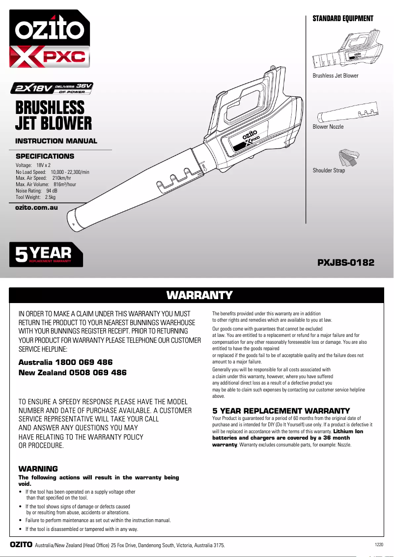 Page 1 de la notice Manuel utilisateur Ozito PXJBS-0182