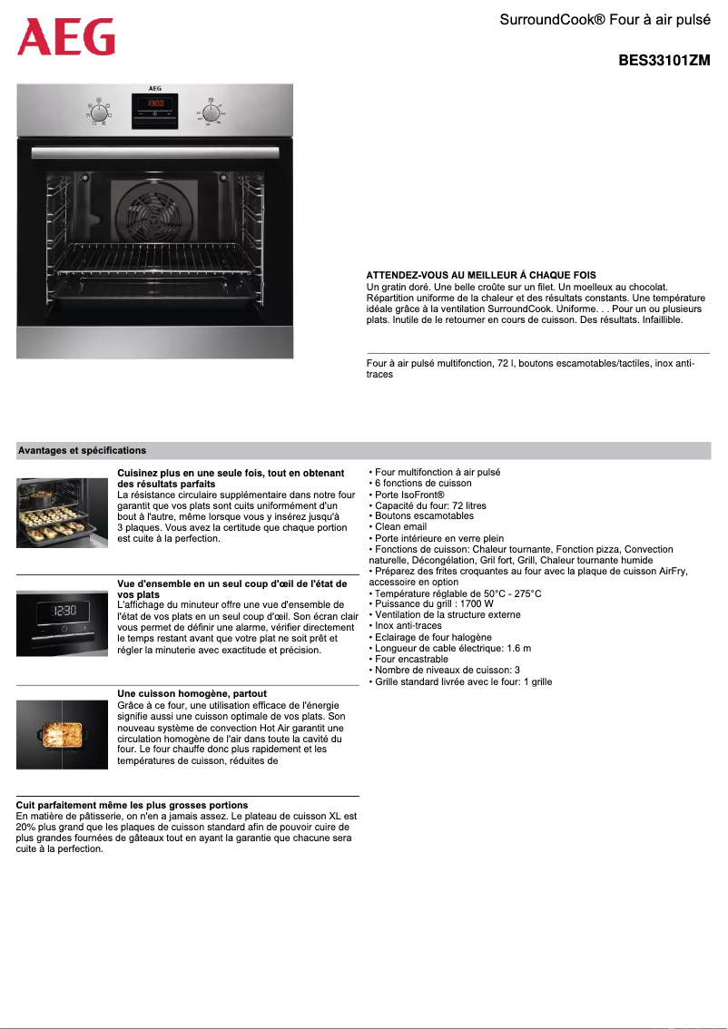 Page 1 de la notice Fiche technique AEG BES33101ZM