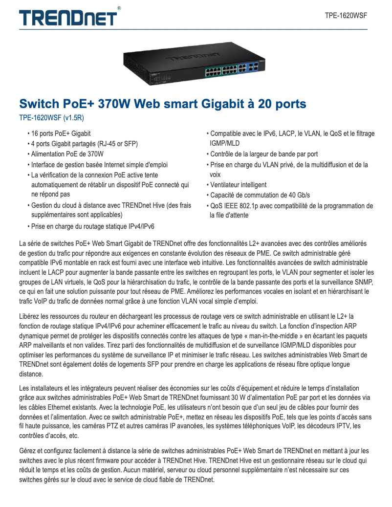 Page 1 de la notice Fiche technique TRENDnet GREENnet TPE-1620WS