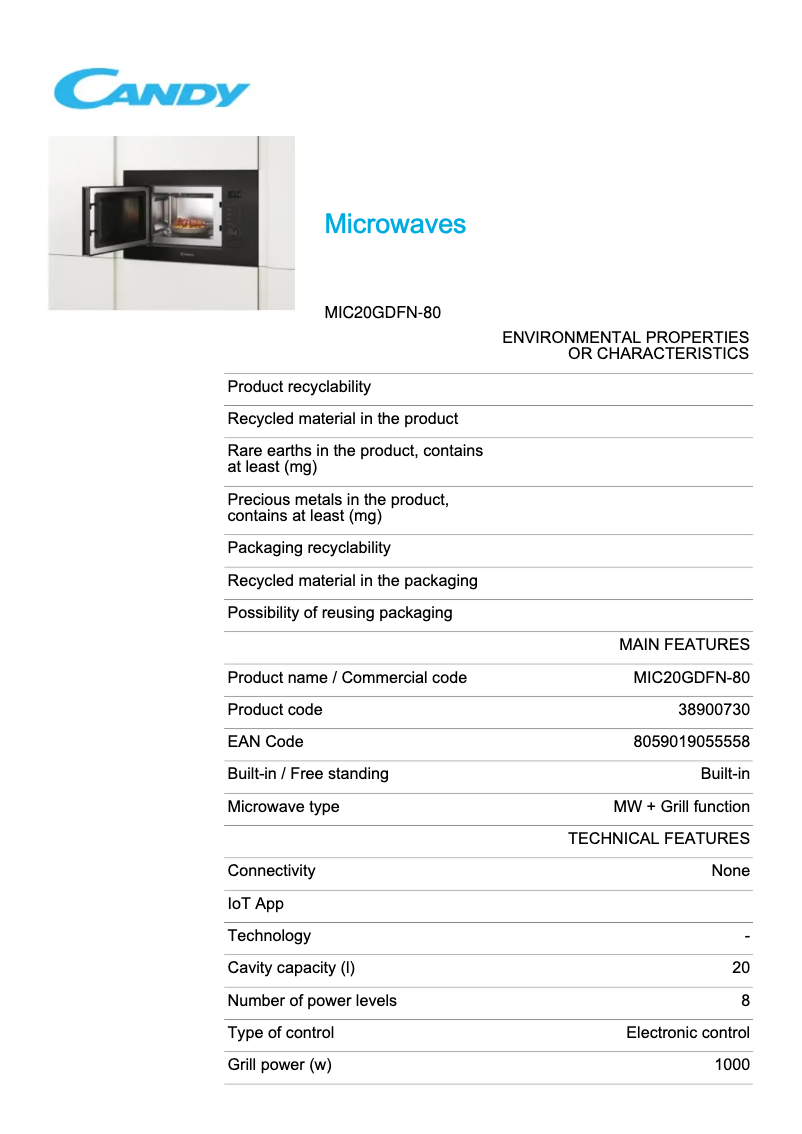 Page 1 de la notice Fiche technique Candy MIC20GDFN-80