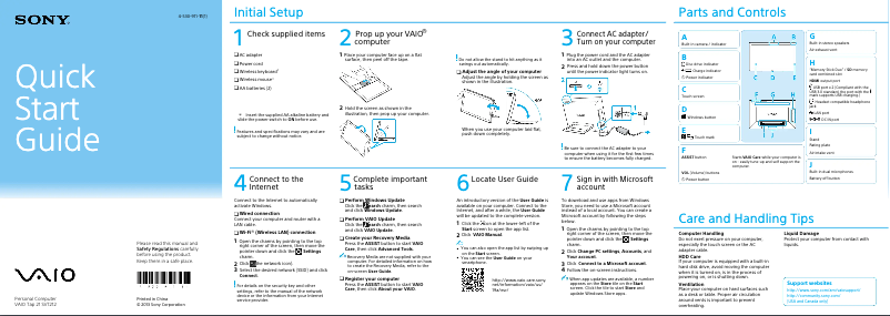 Page 1 de la notice Guide d'installation Sony Vaio Tab 21 SVT21227CXB
