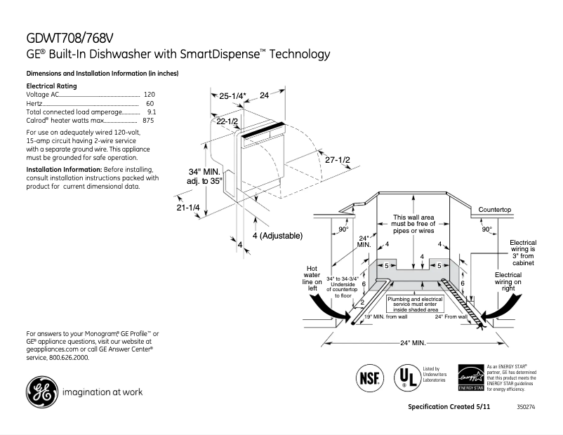 Page 1 de la notice Fiche technique GE GDWT768VSS