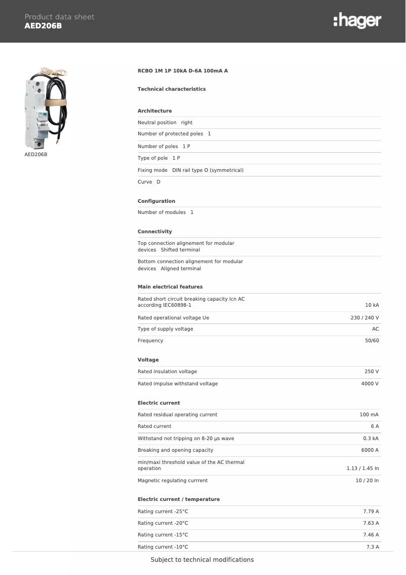 Page 1 de la notice Fiche technique Hager AED206B