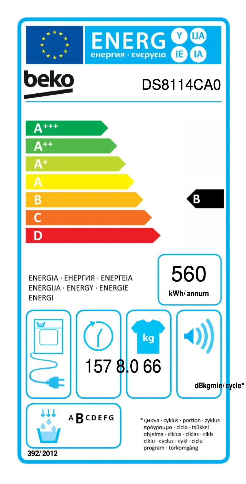 Page 1 de la notice Label énergétique Beko DS8114CA0