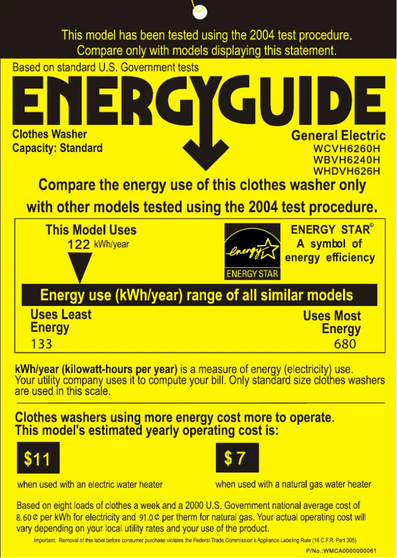 Page 1 de la notice Label énergétique GE WBVH6240HWW
