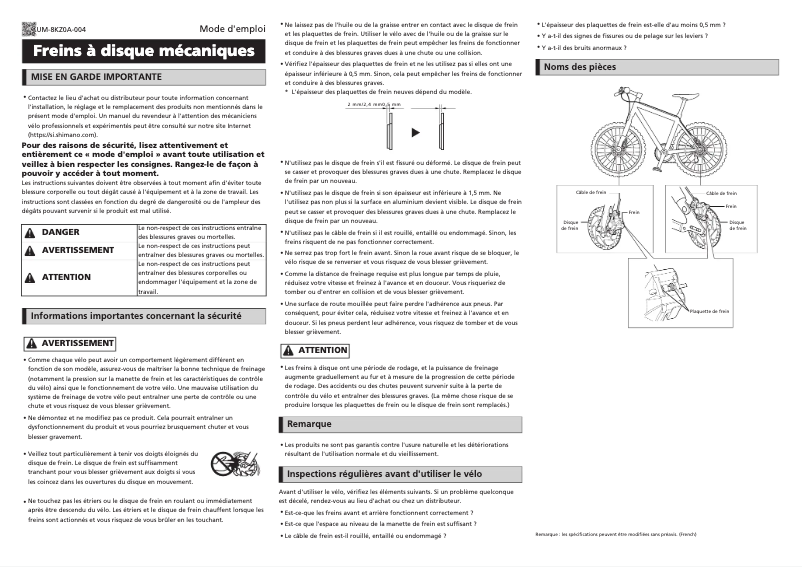Page 1 de la notice Manuel utilisateur Shimano BR-RS305-F