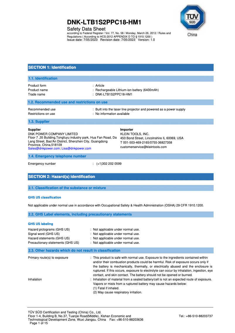 Page 1 de la notice Fiche technique Klein Tools 93LCLGR