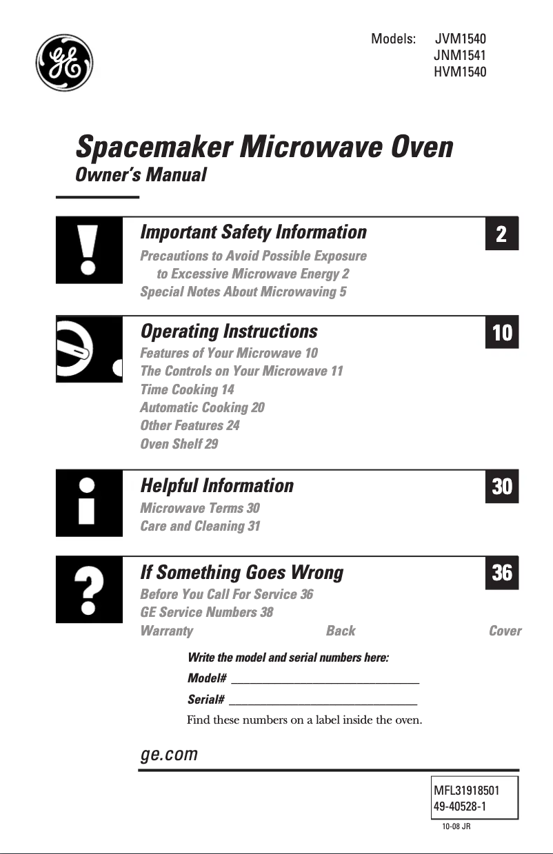 Page 1 de la notice Manuel utilisateur GE Spacemaker JVM1540DPWW