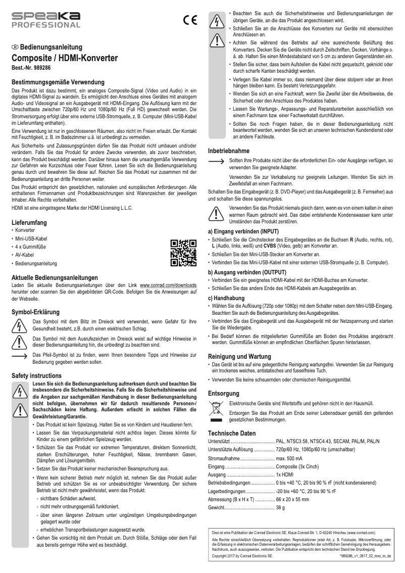 Page 1 de la notice Manuel utilisateur Speaka SP-AV2HDMI