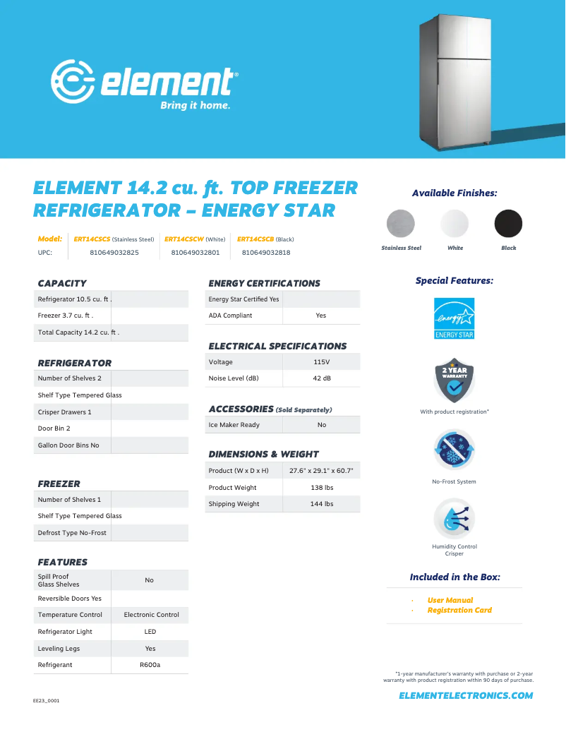 Page 1 de la notice Fiche technique Element ERT14CSCW